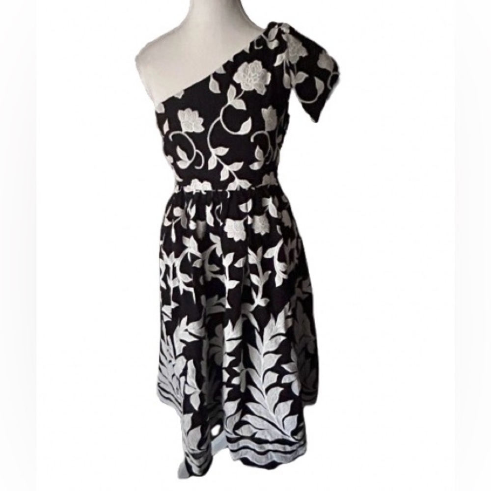 XS Anthropologie Embroidered Black White Dress Midi Size 2 Boho Floral Cotton